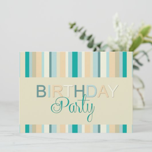 ティール（緑がかった色）ストライプ誕生日パーティーへの招待 招待状 (スタンド正面)