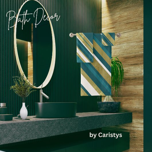 ティール(緑がかった色)ストライプ金ゴールドクリームオンダークティール(緑がかった色) バスタオルセット