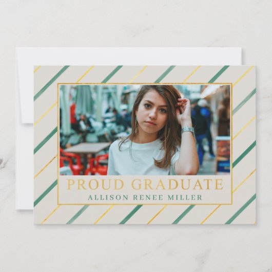 ティール（緑がかった色）ストライプ金ゴールドモダン写真エレガント卒業 招待状 (正面)