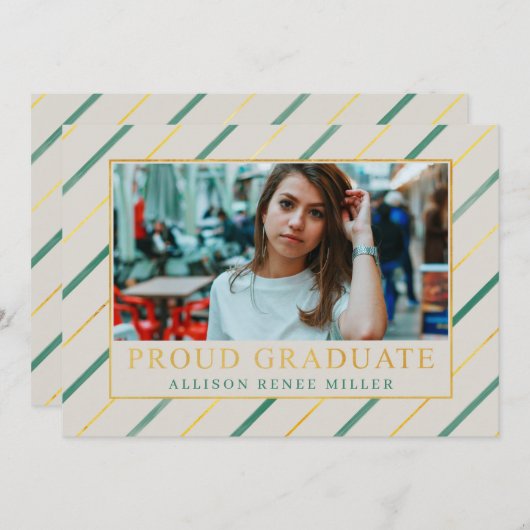 ティール(緑がかった色)ストライプ金ゴールドモダン写真エレガント卒業 招待状 (正面/裏面)