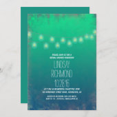 ティール(緑がかった色)ストリングライツブライダルシャワー招待 招待状 (正面/裏面)