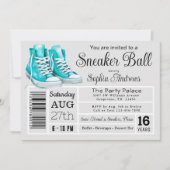 ティール（緑がかった色）スニーカーボール誕生日パーティーシューズラベル 招待状 (正面)