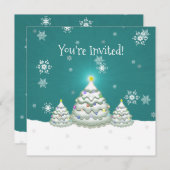 ティール（緑がかった色）スノーウィークリスマスツリー招待状 招待状 (正面/裏面)