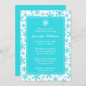 ティール(緑がかった色)スノーフレッ縁どクウィンターブライダルシャワー 招待状 (正面/裏面)