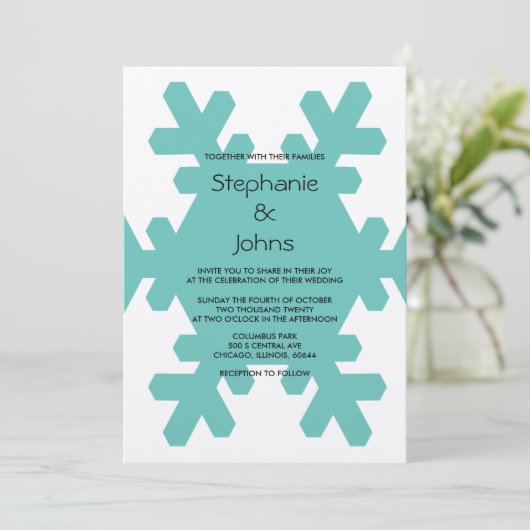 ティール(緑がかった色)スノーフレークエレガントグレイ銀冬の結婚式 招待状 (スタンド正面)