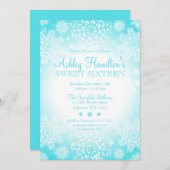 ティール（緑がかった色）スノーフレークグローウィンターワンダーランドスウィート16 招待状 (正面/裏面)