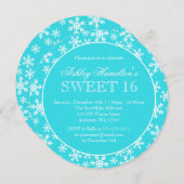 ティール（緑がかった色）スノーフレークススイート16ウィンターワンダーランドラウンド 招待状 (正面/裏面)