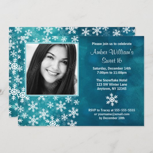 ティール（緑がかった色）スノーフレークスフォトスイート16招待状 招待状 (正面/裏面)