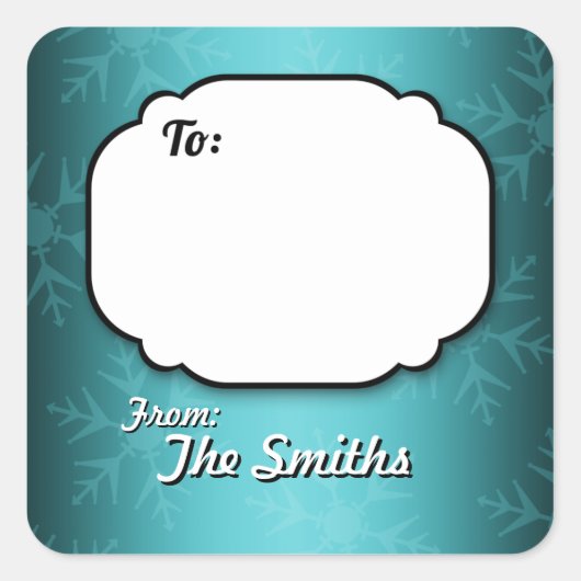ティール(緑がかった色)スノーフレークパーソナライズされたギフトラベルシール スクエアシール (正面)