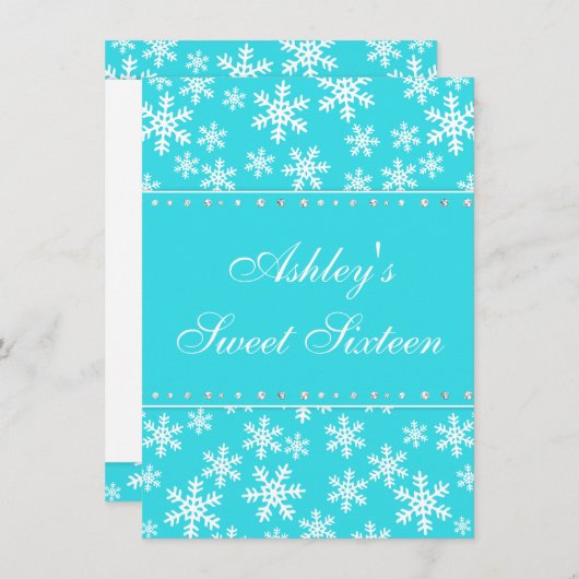 ティール(緑がかった色)スノーフレークフェイクダイヤモンドスウィート16 招待状 (正面/裏面)
