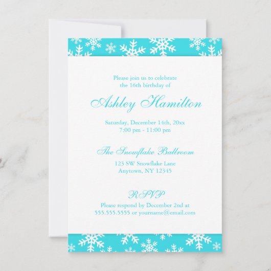 ティール（緑がかった色）スノーフレークフェイクダイヤモンドスウィート16 招待状 (裏面)