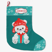 ティール(緑がかった色)スノーフレークポーラーベア ラージクリスマスストッキング (正面)