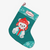 ティール(緑がかった色)スノーフレークポーラーベア ラージクリスマスストッキング (正面 (吊り時))