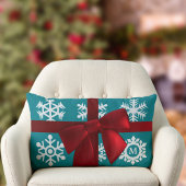 ティール(緑がかった色)スノーフレークモノグラムレッドボウランバーピロー ランバークッション