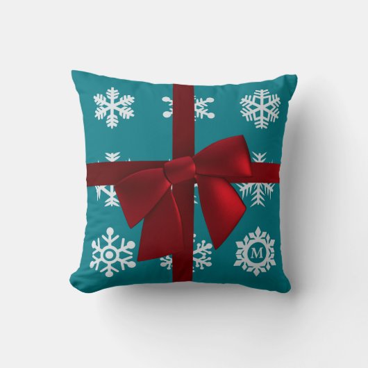 ティール(緑がかった色)スノーフレークレッドボウクリスマス装飾用クッション クッション (正面)