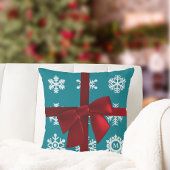 ティール(緑がかった色)スノーフレークレッドボウクリスマス装飾用クッション クッション