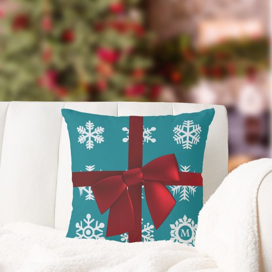 ティール(緑がかった色)スノーフレークレッドボウクリスマス装飾用クッション クッション