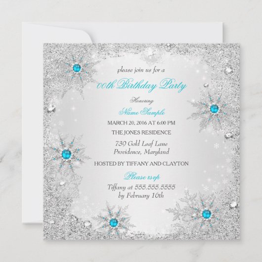 ティール（緑がかった色）スノーフレーク冬ワンダーランドバースデーパーティー 招待状 (正面)