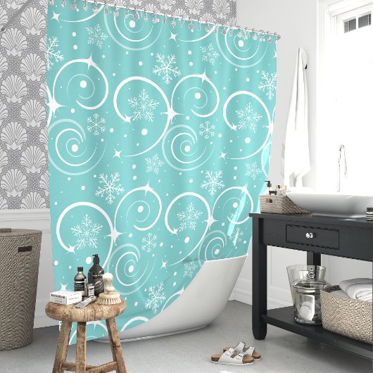 ティール(緑がかった色)スノーフレーク冬 シャワーカーテン