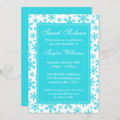 ティール(緑がかった色)スノーフレー縁どクウィンターワンダーランドスイート16 招待状 (正面/裏面)