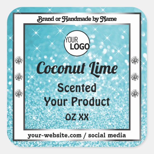 ティール（緑がかった色）スパークルグリッター製品の包装ラベルロゴ スクエアシール (正面)