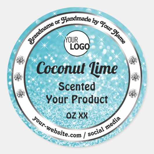 ティール（緑がかった色）スパークルグリッター製品の包装ラベルロゴ ラウンドシール (正面)