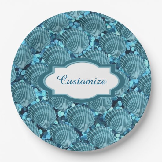 ティール(緑がかった色)スパークルシーシェル紙プレート ペーパープレート (正面)