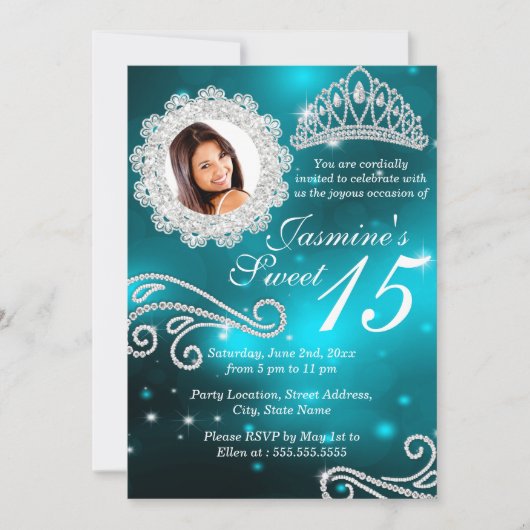 ティール（緑がかった色）スパークルダイヤモンドティアラ写真キンセアニェラ 招待状 (正面)