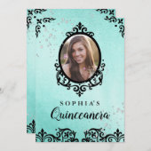 ティール(緑がかった色)スパークルダマスク写真キンセアニェラ 招待状 (正面/裏面)