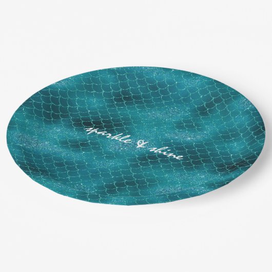 ティール（緑がかった色）スパークルマーメイドパーソナライズされた ペーパープレート (アングル)