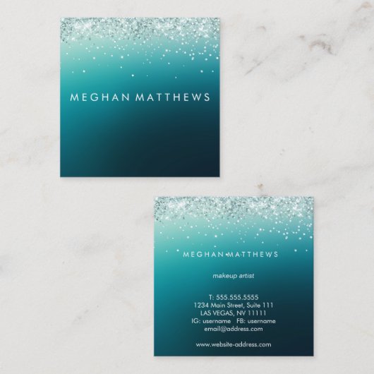 ティール（緑がかった色）スパークル美しいスタイリスト スクエア名刺 (正面/裏面)
