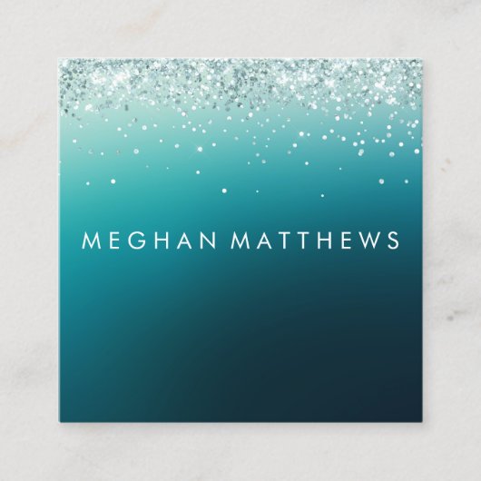 ティール（緑がかった色）スパークル美しいスタイリスト スクエア名刺 (正面)