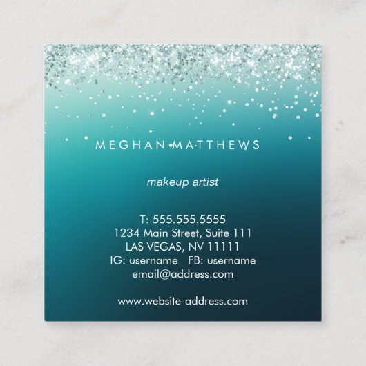 ティール（緑がかった色）スパークル美しいスタイリスト スクエア名刺 (裏面)