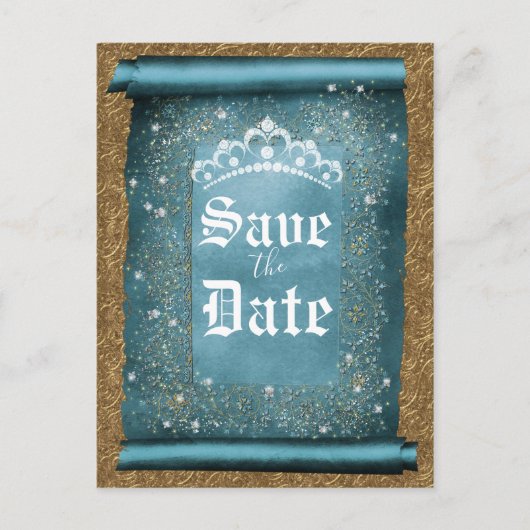 ティール（緑がかった色）スパークル金ゴールドダイアモンドティアラ救スクロート 案内ポストカード (正面)