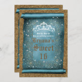 ティール(緑がかった色)スパークル&金ゴールドダイアモンドティアラスクロールパーティー 招待状 (正面/裏面)