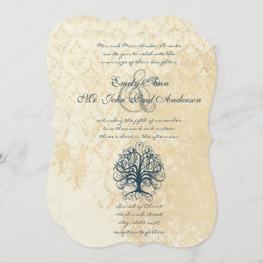ティール(緑がかった色)スワールツリーレースダマスウェディング招待状 招待状 (正面/裏面)