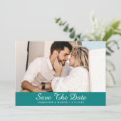 ティール（緑がかった色）ス結婚クリプトの写真Date Cardの保存 セーブザデート (スタンド正面)