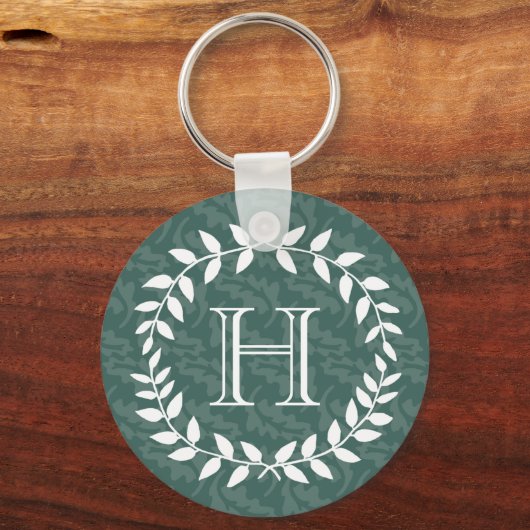 ティール(緑がかった色)&セージグリーナリーボタニカルリース モノグラムの キーホルダー (正面)