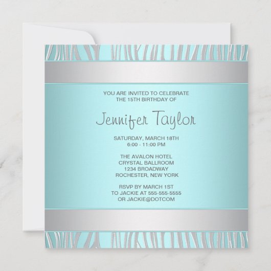 ティール(緑がかった色)ゼブラエレガント15番目の誕生日招待状 招待状 (裏面)