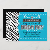 ティール（緑がかった色）&ゼブラガールズバースデーパーティー招待状 招待状 (正面/裏面)