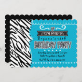 ティール(緑がかった色)&ゼブラガールズバースデーパーティー招待状 招待状 (正面/裏面)