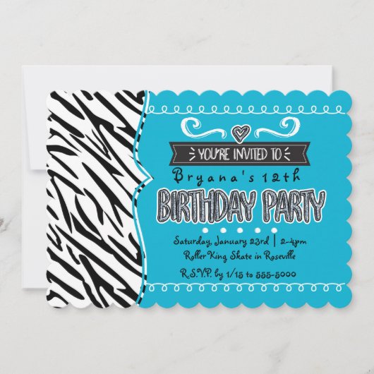 ティール(緑がかった色)&ゼブラガールズバースデーパーティー招待状 招待状 (正面)