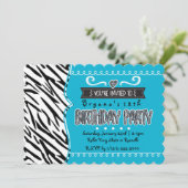 ティール(緑がかった色)&ゼブラガールズバースデーパーティー招待状 招待状 (スタンド正面)