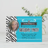 ティール(緑がかった色)&ゼブラガールズ誕生日フォト招待状 招待状 (スタンド正面)