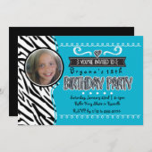 ティール(緑がかった色)&ゼブラガールズ誕生日フォト招待状 招待状 (正面/裏面)