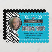 ティール(緑がかった色)&ゼブラガールズ誕生日フォト招待状 招待状 (正面/裏面)