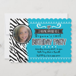 ティール（緑がかった色）&ゼブラガールズ誕生日フォト招待状 招待状