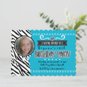 ティール(緑がかった色)&ゼブラガールズ誕生日フォト招待状 招待状 (スタンド正面)
