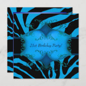 ティール（緑がかった色）ゼブラ女性21st誕生日パーティー 招待状 (正面/裏面)