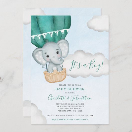 ティール（緑がかった色）ゾウ風船ベビースシャワー 招待状 (正面/裏面)